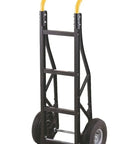 Hand truck with yellow curved handle, black steel frame, two wheels, and toe plate.