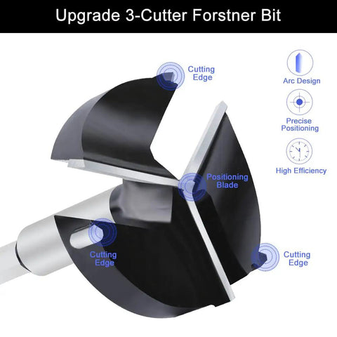 Straight Shooting Carbide Forstner Drill Bit 2-3/8 Inch Hex Shank woodworking hole cutter with three cutting blades design.