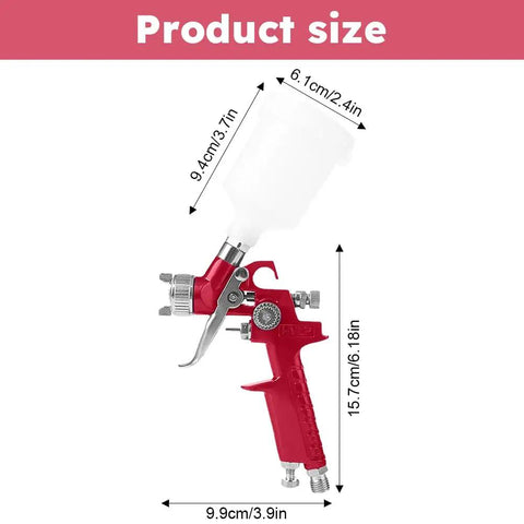 Heavy Duty Air Spray Gun With A Snazzy 600Cc Cup And Precise 1.5Mm Tip size dimensions with ergonomic red handle and cup.