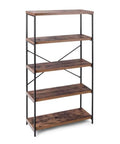 Low Key Very Sturdy Open Bookcase Flex Your Apartment Vibe Easy Peasy To Build Room Storage Organizer Display Rack X Back Wall Shelf For Living And Bedroom Spaces 31 By 14 By 63 Inches in rustic wood and black metal.