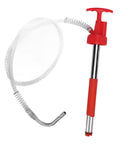 The Ultimate Portable Oil Hand Pump For 5 Gallon Drums with a red handle and flexible hose for easy fluid transfer.
