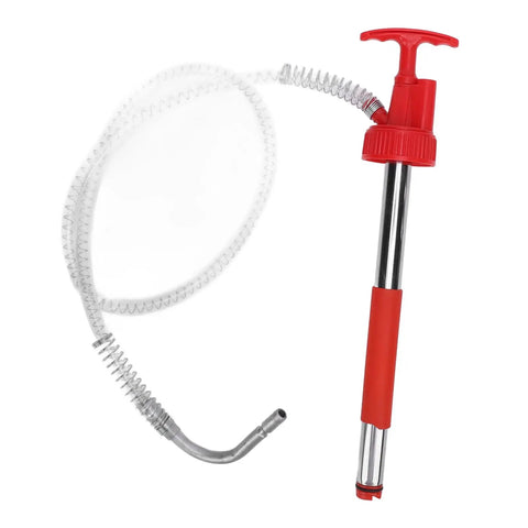 The Ultimate Portable Oil Hand Pump For 5 Gallon Drums with a red handle and flexible hose for easy fluid transfer.