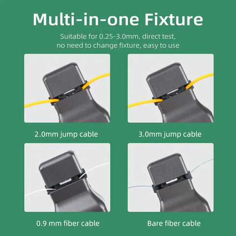 KFI-40 All-In-One Workhorse Optical Fiber Traffic Identifier With VFL Function showing multi-size cable compatibility.