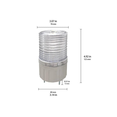 Industrial Grade LED Rotating Strobe Beacon For Emergency Warning, compact 24V DC Revolving Signal Light with measured dimensions.