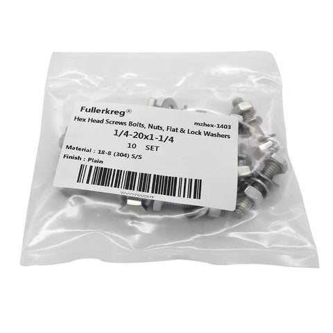 1/4-20 stainless hex bolt kit with nuts and washers for construction and DIY projects, stainless steel hardware set in packaging. Reliable and durable.