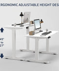 55 Inch Electric Height Adjustable Standing Desk Ultra Quiet Sit To Stand Work Table showing dual height range from 27 to 45 inches.