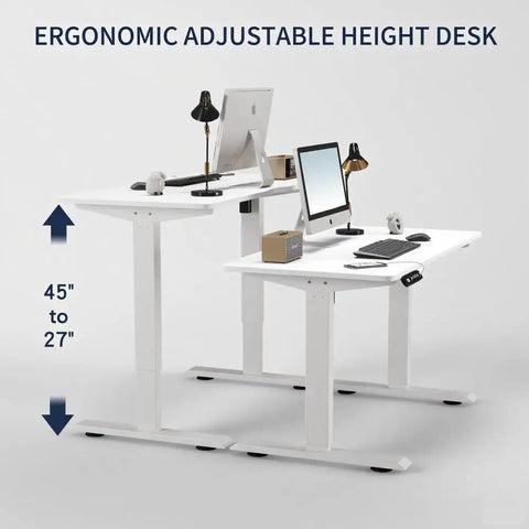 55 Inch Electric Height Adjustable Standing Desk Ultra Quiet Sit To Stand Work Table showing dual height range from 27 to 45 inches.