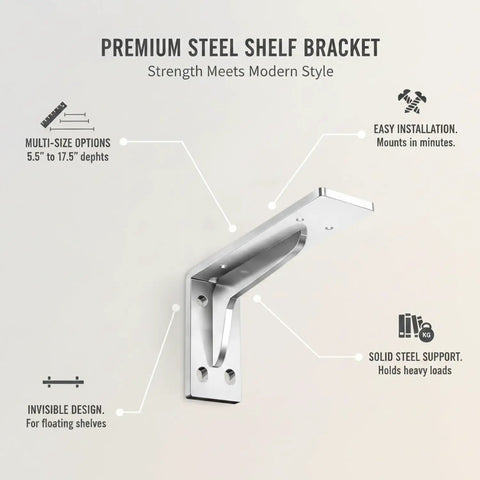 Rugged L Shaped Shelf Bracket Steel Wall Mount For Floating Shelves And Closet Storage, 1 Piece, Easy Install, premium steel design