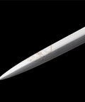 Blade tip of Beefy Hand Forged Spring Steel Medieval Longsword 46 Inch Full Tang With Black Brown Scabbard Tempered 50 To 55 HRC