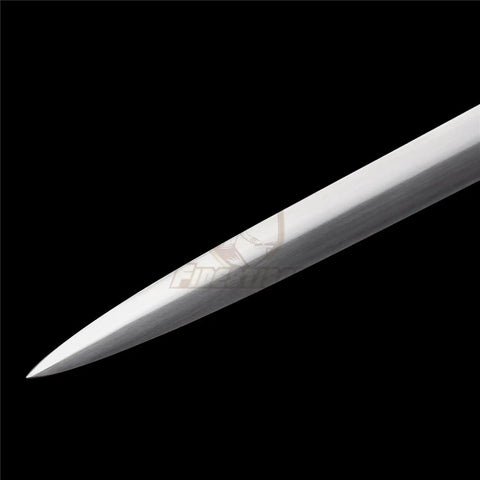Blade tip of Beefy Hand Forged Spring Steel Medieval Longsword 46 Inch Full Tang With Black Brown Scabbard Tempered 50 To 55 HRC