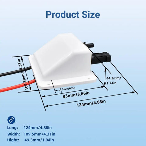 Side view of Solar Cable Entry Gland With 10 Ft 10 AWG Soft Copper Cable UV Resistant Dual Cable Entry Housing dimensions labeled.