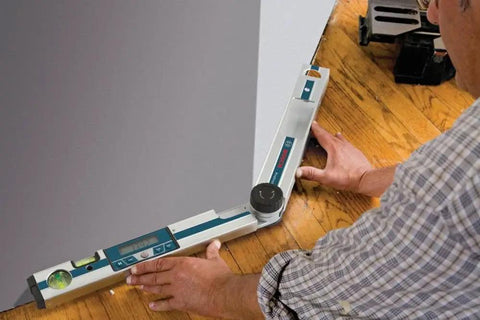 No Sweat Heavy Duty Digital Angle Finder Miter Calculator Protractor Level in use on wooden floor for accurate measurements.