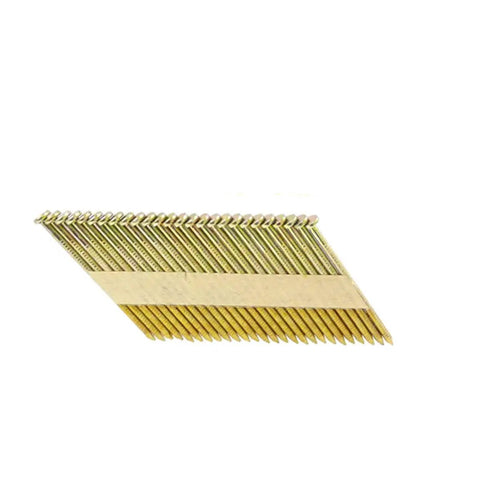 Heavy Duty Ring Shank Framing Nails Featuring Clipped Head Design Electro Galvanized Steel Fasteners on paper tape collated strip.