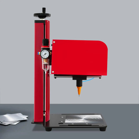 Kickass Pneumatic Dot Peen Marking Machine With Computer Controlled Operation And 200X130 Millimeter Marking Zone, red unit showing pin on metal base.