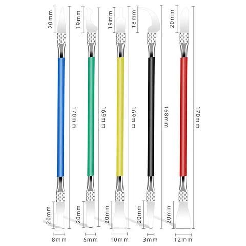 Dope Ultra Thin Blade BGA IC Chip Repair Toolkit with five dual-end stainless steel blades measuring different lengths and widths