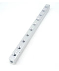 G One Quarter Inch Port Pneumatic Aluminum Manifold Block, 10 Way 12 Port Splitter, top angled view on white background