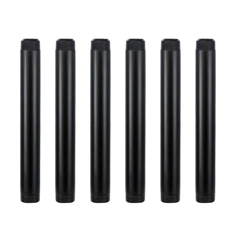 Six Pack Three Quarter Inch By Eight Inch Black Metal Pipe Pre Cut For Industrial Shelving And Home Decor, shown in a row.