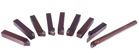 One Inch Shank Nine Piece Indexable Turning And Boring Set With Uncoated Sharp Edge Carbide Inserts For Aluminum And Non-Ferrous Metals Includes Eight One By One Holders For Precision Machining, showing Turning and Boring Tools on White Background.