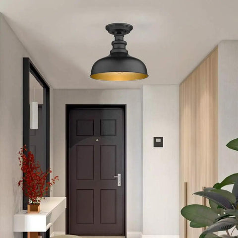 Semi Flush Mount Ceiling Light in Black with Copper Accents, Dope Industrial Farmhouse Hallway Fixture for Entryway