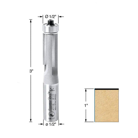 Carbide Tipped Flush Trim Router Bit One Half Inch Diameter With One Inch Cutting Length And One Half Inch Shank 3 Flute For Ultra Smooth Laminate Finishes And Chip Resistant Laminates Ideal For Edge Routing And Cabinet Trim Pro Grade shown with dimensions.