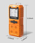 Portable 4 Gas Detector For LEL O2 CO H2S With LCD Display And Rechargeable Battery, showing dimensions and buttons.