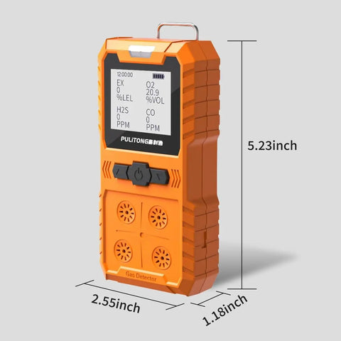 Portable 4 Gas Detector For LEL O2 CO H2S With LCD Display And Rechargeable Battery, showing dimensions and buttons.
