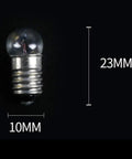 E10 mini screw base light bulb measuring 23mm height and 10mm width, part of 50 Pack Of Premium E10 Mini Screw Base Light Bulbs Running On 1.5V Dc To Deliver Smooth Warm White Glow Straight Up Perfect For Instrument Panels And Gear Fixes.