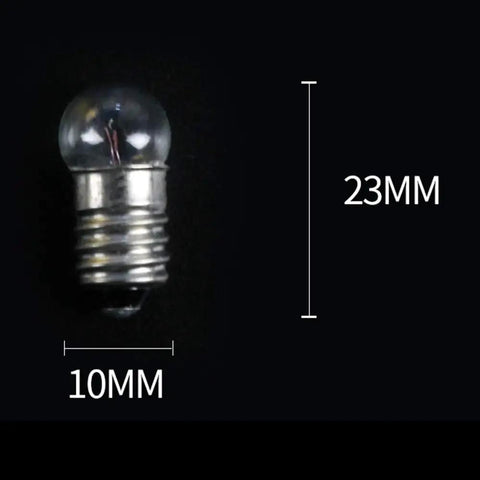 E10 mini screw base light bulb measuring 23mm height and 10mm width, part of 50 Pack Of Premium E10 Mini Screw Base Light Bulbs Running On 1.5V Dc To Deliver Smooth Warm White Glow Straight Up Perfect For Instrument Panels And Gear Fixes.