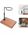 Adjustable Height 360 Rotating Pour Over Coffee Dripper Stand With Sapele Wood Base And Aluminum Arm for manual brewing setup.