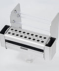 Slick Desktop Tool Organizer Rack With Spacious Drawer For Screwdriver And Hand Tool Storage, silver metal design with holes for tools.