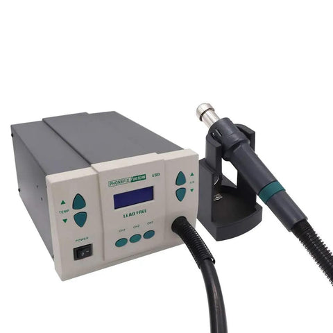 900W Hot Air Rework Station With Three Free Nozzles Soldering Pro Grade Desoldering Tool, main unit and hot air gun.