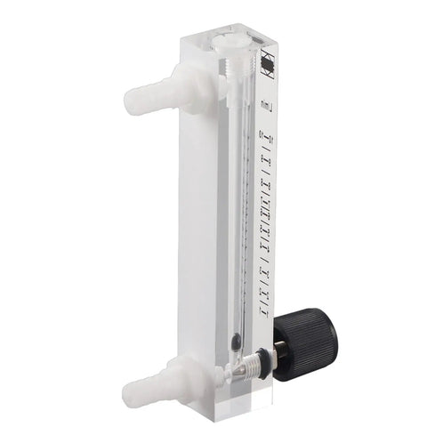 Oxygen Air Gas Flow Meter With Control Valve 1-10 LPM, acrylic body, easy hose barb connection, side view showing control valve