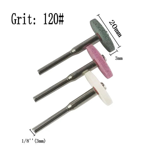 Three grinding stones with 120 grit, 20mm diameter, 1/8 inch shank from 45 Piece Assorted Shape Grinding Stones Set With One Eighth Inch Shank For Rotary Tools, Abrasive Mounted Stone Grinding Bits For Grinding, Sharpening, Deburring Metal, Stone, Glass, Ceramics And Jewelry Making