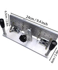 Precision Knife Grinding Jig With Slick Dial Adjustment And Tight Grip Handle For Belt Grinder Machine Or Belt Sander Rock Solid Aluminum setup from the side, showing detailed measurements.