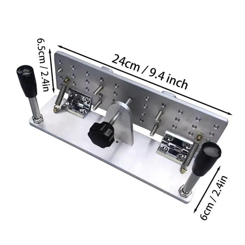 Precision Knife Grinding Jig With Slick Dial Adjustment And Tight Grip Handle For Belt Grinder Machine Or Belt Sander Rock Solid Aluminum setup from the side, showing detailed measurements.