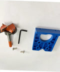 Hinge drilling jig set: blue plastic positioner with orange drill guide, Allen key, and screws.
