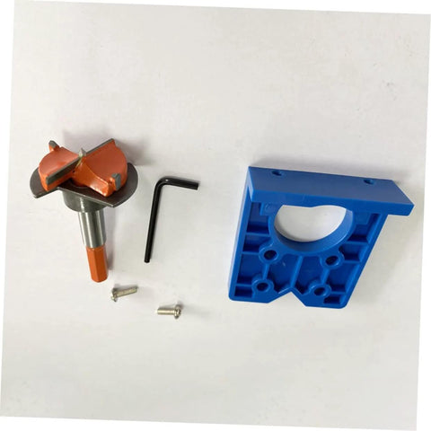 Hinge drilling jig set: blue plastic positioner with orange drill guide, Allen key, and screws.