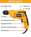 Side view of Powerful 400W Corded Drill For DIYers And Handy Pros, 0-3500 RPM Variable Speed, labeled components visible.