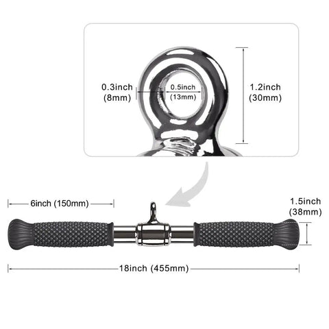 Rotating Straight Bar Attachment for Cable Machines, 18 Inch with 360 Degree Swivel and Non Slip Rubber Handle dimensions shown