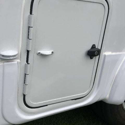 Premium 2 Pack White RV Door Stop Retainer Tool for Motorhomes and Travel Trailers holding a secure white door in place.