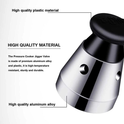 Pressure cooker relief valve with aluminum alloy body and black plastic cap, front view.