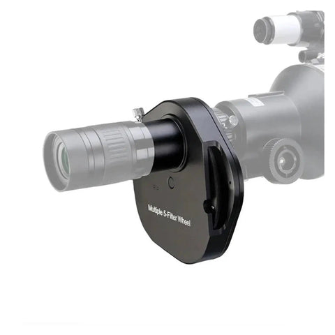 Filter Wheel Metal 5 Positions For Telescope Eyepiece Black 2 Inch with quick filter swapping attached to a telescope