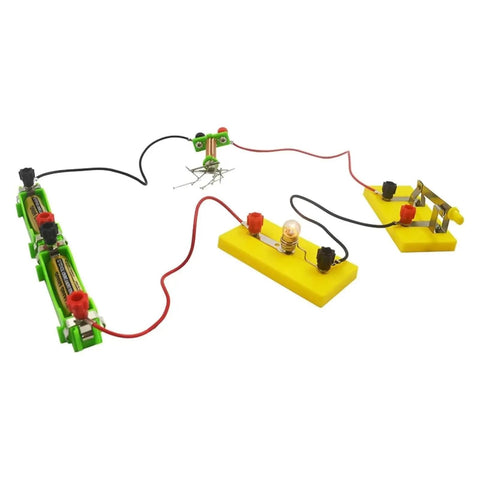 Build An Easy Electromagnet And Simple Circuit Kit with battery box, switches, wires, and lamp socket displayed on white background.