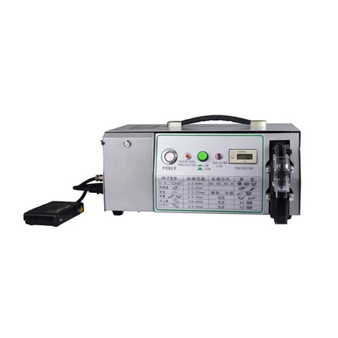 Heavy Duty Electric Terminal Crimping Machine With Constant Speed Motor Effortless Wire Crimps And No Sweat Manual Plier Replacement Pro Grade Multi Mold Cable Tool side view with operational buttons.