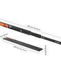Two Piece Metal Buffer Drawer Slides Boasting Hella Smooth Soft Close Glide Mechanism With Bottom Mounted Concealed Track for heavy duty cabinet hardware, dimensions shown.