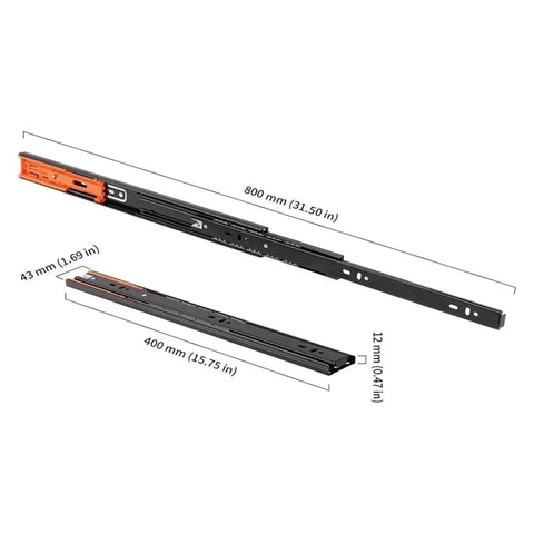 Two Piece Metal Buffer Drawer Slides Boasting Hella Smooth Soft Close Glide Mechanism With Bottom Mounted Concealed Track for heavy duty cabinet hardware, dimensions shown.