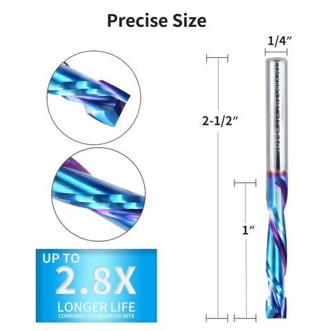 Up Down Cut Spiral Compression Router Bit With One Quarter Inch Shank And One Quarter Inch Cutting Diameter, Nano Blue Coated