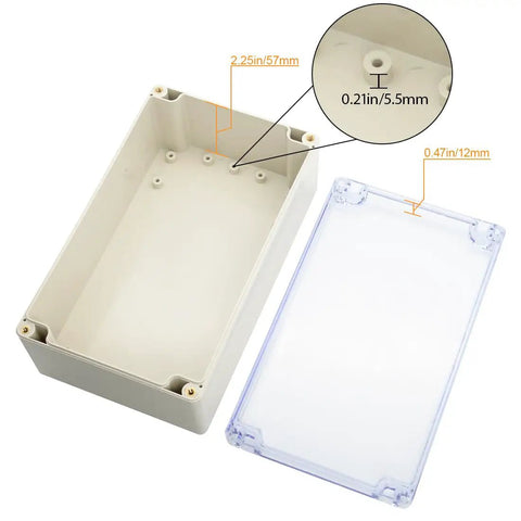 ABS Plastic Junction Box IP65 Dustproof Waterproof Electrical Enclosure With Clear PC Cover showing interior and cover dimensions.