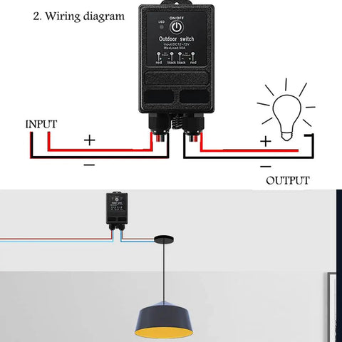 Wiring diagram of Wireless Relay Switch Remote For 12V 24V 48V 72V Systems showing connection to ceiling light