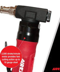 Close-up of 18 Gauge Nibbler Sheet Metal Cutter with red and black handle for auto body and ductwork projects, shown at an angle.